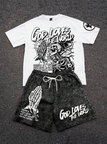 PAVTROS 男士休闲骷髅标语印花T恤和短裤套装，夏季男士图案T恤和短裤套装上帝爱世界服装套装万圣节2025