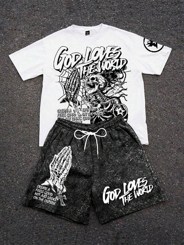 Manfinity Streetrush Men's Casual Skull Slogan Print T-Shirt And Shorts Set, Summer Mens Graphic T-Shirt And Shorts Set God Loves The World Clothing Set Halloween 2025