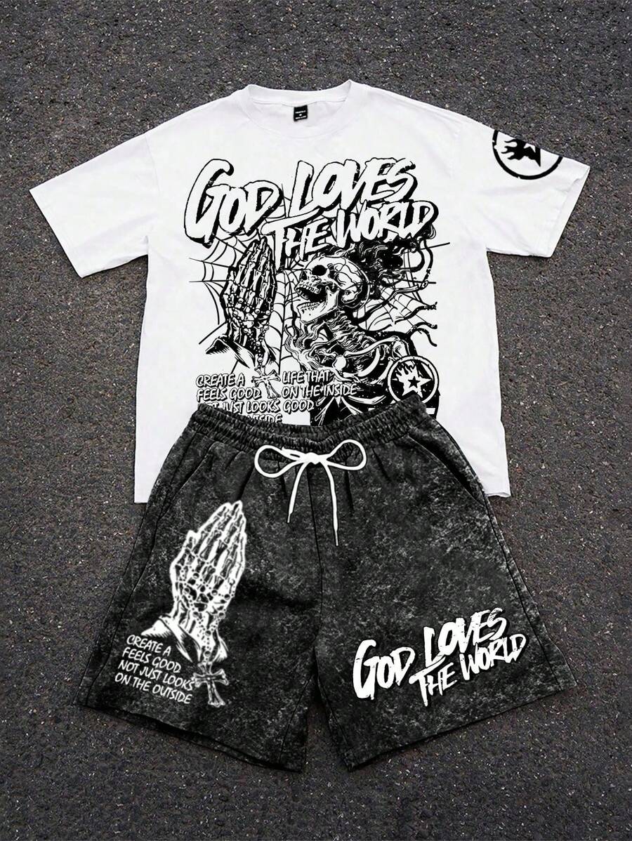 PAVTROS 男士休闲骷髅标语印花T恤和短裤套装，夏季男士图案T恤和短裤套装上帝爱世界服装套装万圣节2025