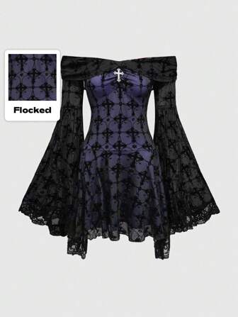 Romantic Retro Palace Gothic Cross Flocked Off Shoulder Dress