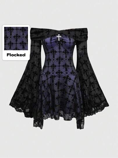 Romantic Retro Palace Gothic Cross Flocked Off Shoulder Dress