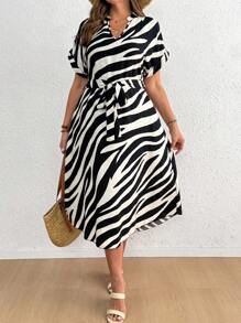 SHEIN CURVE+ 大码女式休闲日常斑马纹连衣裙 - 彩色 - 查看 1