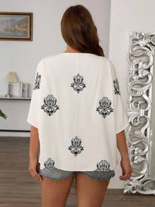 EMERY ROSE Chemise décontractée à manches chauve-souris avec imprimé vintage, grande taille