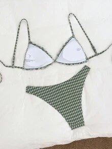 Swim Mod 2pcs Textured Fabric Ruffled Front Tie Bow Waist Pleated Cute Sweet Fashion Lively Party Bikini Set Set - Army Green - View 3