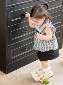 Dazy Kids 2pcs Baby Girls' Plaid Casual Korean Style Flutter Sleeve Shirt With Bowknot Outfit Set - Black - View 5