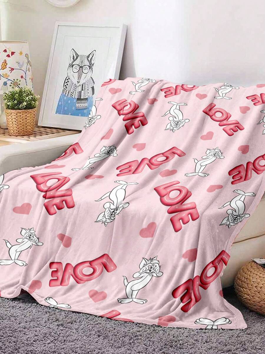 TOM & JERRY X SHEIN 粉色法兰绒字母卡通图案毛毯，适合休闲和办公室使用 - 粉色 - 查看 1