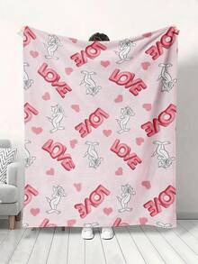 TOM & JERRY X SHEIN 粉色法兰绒字母卡通图案毛毯，适合休闲和办公室使用 - 粉色 - 查看 4