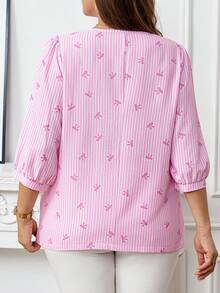 EMERY ROSE 大码女式秋季休闲圆领条纹蝴蝶结装饰灯笼袖粉色衬衫，适合秋季外出穿着，2025新款，女士秋季粉色上衣 - 粉色 - 查看 3