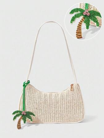 Fairycore 1 pieza Bolso de playa estilo bohemio, bolso de red calado para mujeres, adecuado para vacaciones, incluye dije y decoración de flor tropical