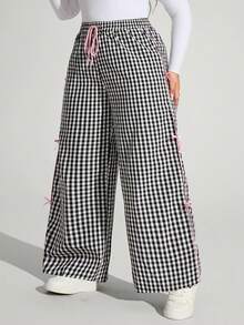 Truni Awkwardfatgirl Plus Size Casual Black & White Plaid Contrast Bow Tie Wide Leg Pants, For Pear Triangle Body Shape - Black and White - View 1