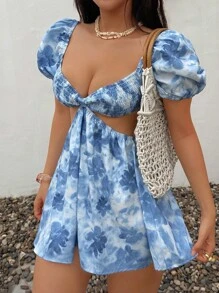 SHEIN Unity Women's Casual Vacation Versatile Fashion Tie-Dye Floral Print Puff Sleeve Mini Dress, Spring/Summer - Dusty Blue - View 3