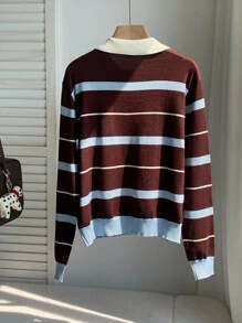 Comfortcana Women's Casual Colorblock Striped Long Sleeve Knit Polo Shirt In Fall/Winter