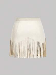 SHEIN MOD 大码女式复古嬉皮铆钉流苏杏色麂皮 A 字裙、纳什维尔服装、海盗裙、复古杏色麂皮流苏无袖上衣、音乐节套装、西部女装 - 杏色 - 查看 8