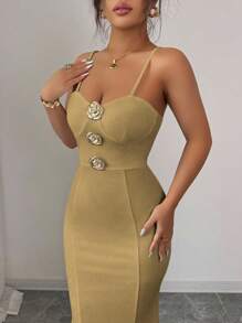 Elenzga Women's Elegant & Fashionable Solid Color Sleeveless Bodycon Dress With Metal Buckle Decor, Summer - Khaki - View 5