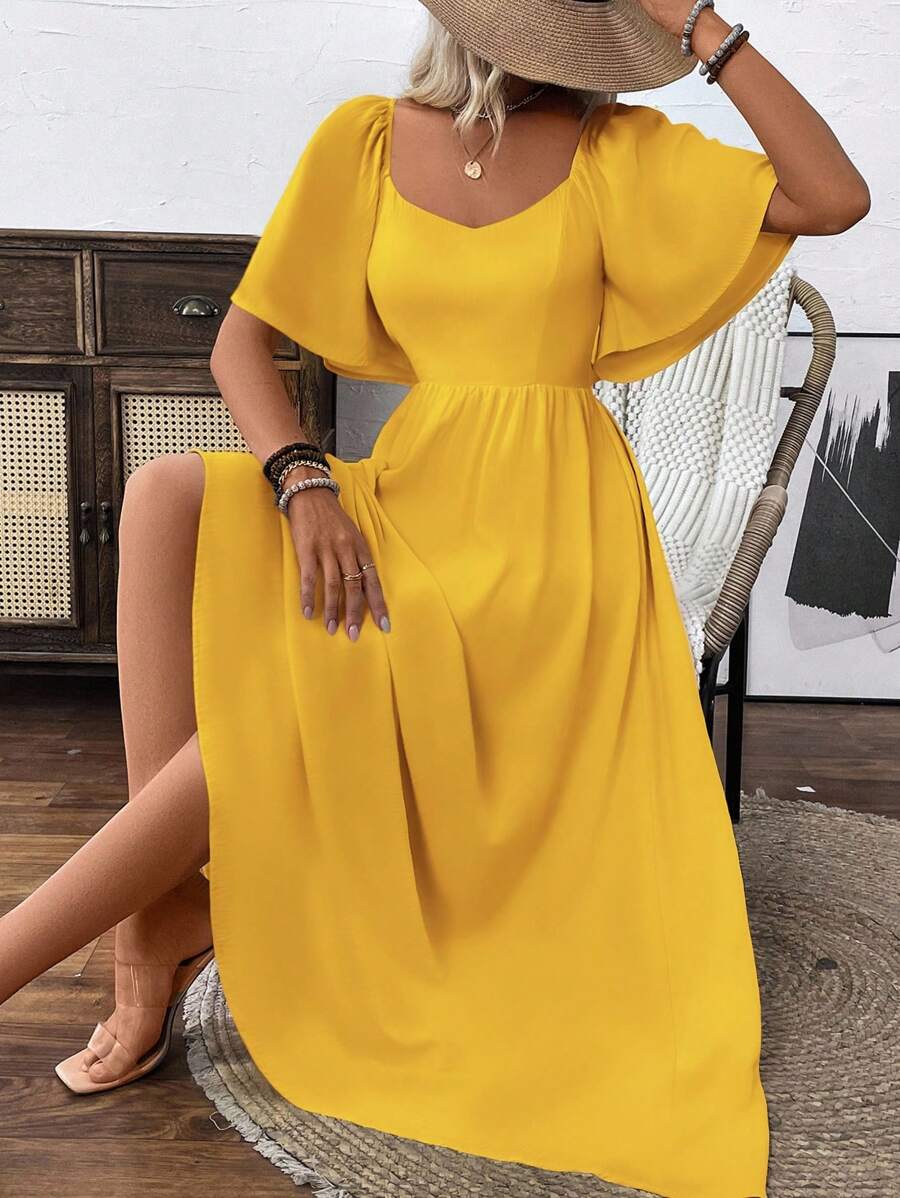 Chiquease Clasi Breezaya 女式奶油黄波西米亚风方形优雅领口浪漫毕业生日礼服音乐会服装海滩女士服装泡泡袖露背蝴蝶结连衣裙带蝴蝶结春夏超长度假柔软面料荷叶边袖长裙 - 黃色 - 查看 1