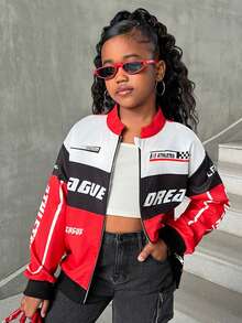 Tween Girls' Letter Print Color Block Stand Collar Loose Bomber Jacket