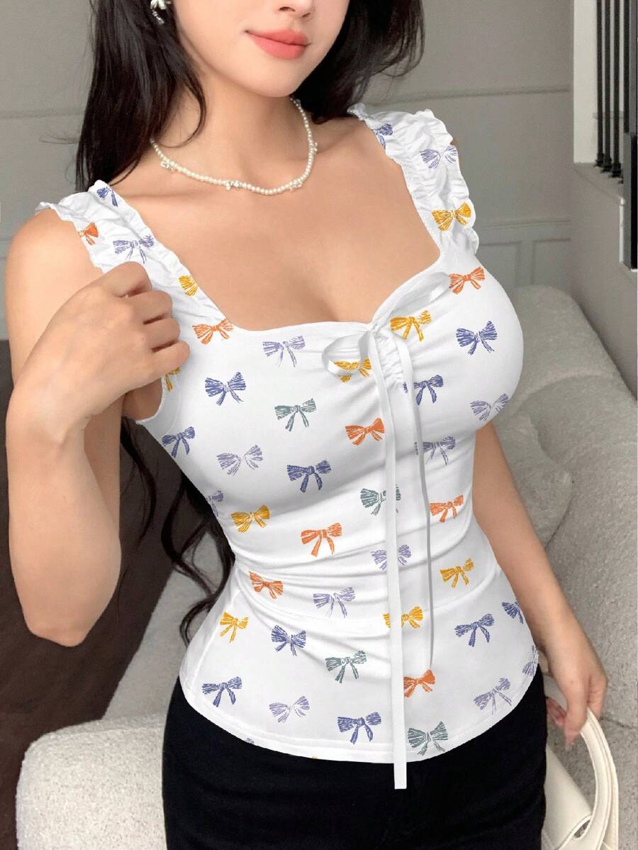 Modelyn 蝴蝶结印花荷叶边饰结饰前背心 - 彩色 - 查看 1
