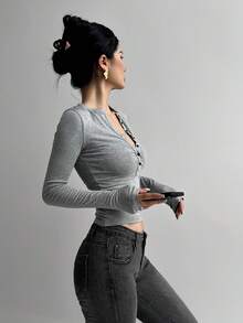 DAZY 女式半拉链长袖紧身T恤，秋季女装 - 灰色 - 查看 3
