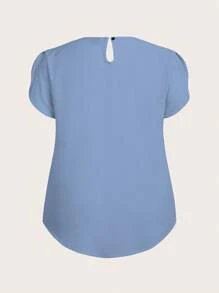 SHEIN LUNE Blouse décontractée pour femmes grandes tailles, col rond plissé, manches à volants, couleur unie - Bleu azur - Voir 2