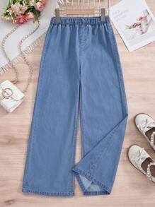 适合秋季的青少年女孩轻薄牛仔裤，时尚简约风格，直筒宽松版型，适合学院风，柔软天丝舒适，百搭休闲度假时尚简约日常穿着，水洗柔软薄天丝无弹力宽松牛仔裤 - 中等水洗藍 - 查看 3