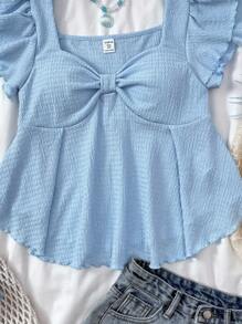 SHEIN 少女夏日阳光甜美休闲舒适荷叶边袖提花针织T恤，家居服，少女装，情人节，适合派对 - 淺藍色 - 查看 6