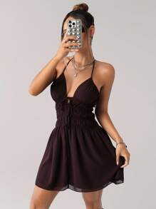 SHEIN ICON 女式纯色褶饰前系带性感迷你露背连衣裙