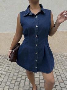 Dripcurv Plus Size Summer Casual Front Button Sleeveless Denim Dress, Spring/Autumn,Only Cute Summer Holiday Elegant Vacation Romantic Curve Farmhouse