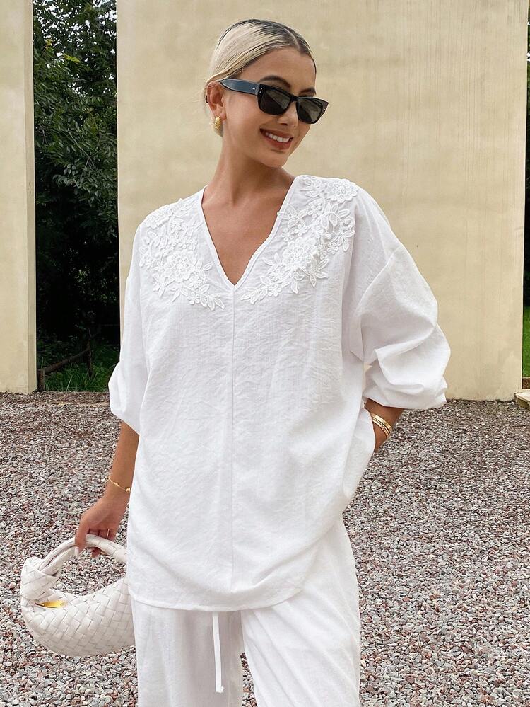 Women's Loose Casual 2 Pieces Set, White, Autumn/Winter Lounge Sets For Women