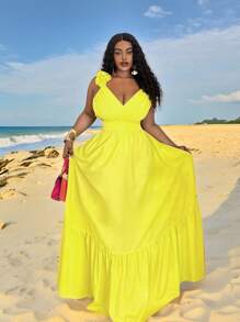 Veslaya 新款锐舞/复活节女装、复古富家女装、乡村音乐会服装、外出服装、仙女风、音乐节服装、热带度假女装、夏季女装、夏季、锐舞、欧洲夏季、春季服装、西部牛仔大码女装、音乐会服装、毕业典礼服装、百搭休闲纯色荷叶边系带深V领层叠长款连衣裙 - 黄色 - M - 黃色 - 查看 4