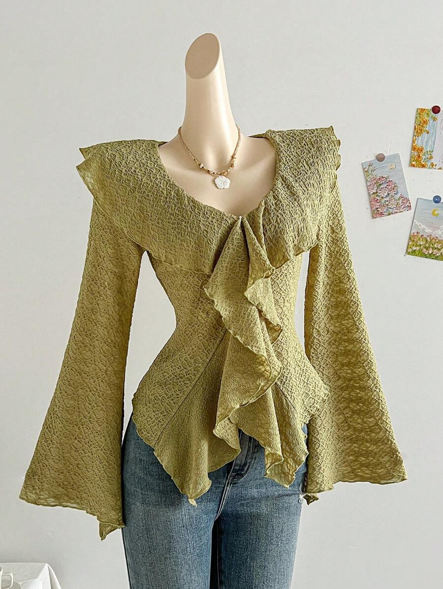 Soleia Áo cánh dài tay viền bèo nhún thời trang dành cho nữ Áo bèo nhún Áo cánh dài tay bèo nhún dành cho nữ - Màu xanh Ô liu - Xem 1