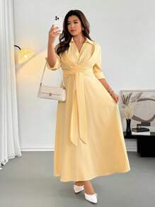Firerie 大码女士优雅休闲衬衫裙，卷袖，交叉领结，V 领，适合任何场合，长款，春夏 - 黃色 - 查看 6