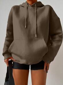 RueChic Cotton Pocket Drop Shoulder Drawstring Hoodie - Coffee Brown - View 4
