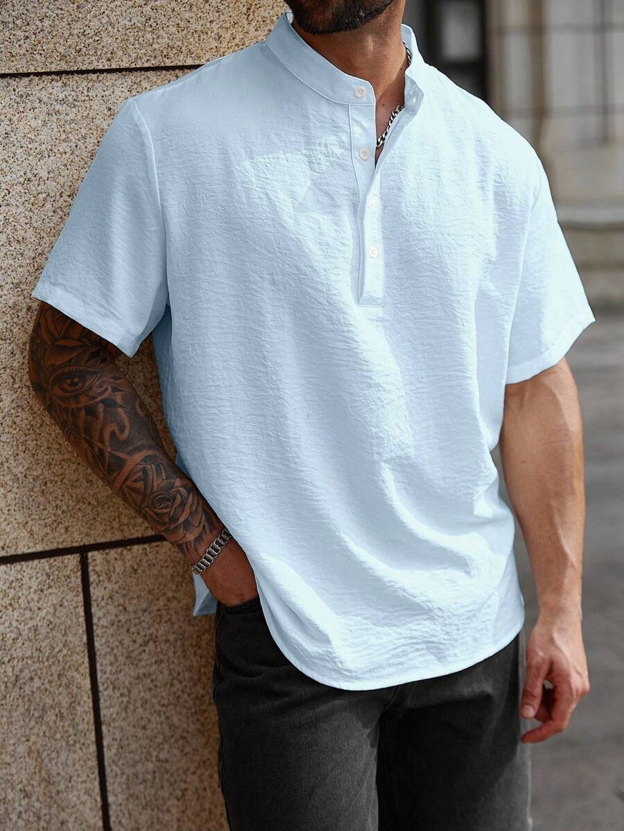 Manfinity Homme 大码男士休闲宽松纯色短袖衬衫 - 藍色 - 查看 1