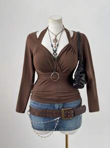 Sunspun Áo thun nữ cổ vuông, nhún bèo, tay dài, ôm sát, khoét kim loại, màu nâu thanh lịch, cổ điển, thường ngày - màu nâu - Xem 6