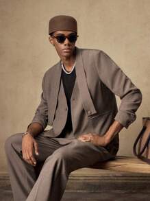 AKNOTIC Business Casual Bộ vest nam 2 món màu nâu cà phê, chất liệu dệt kim, dáng ôm, tay dài và quần ống đứng cạp chun, thích hợp cho mùa hè, mùa thu, kỳ nghỉ, đám cưới, tiệc tùng, quà tặng tốt nghiệp. - Cà phê nâu - Xem 3