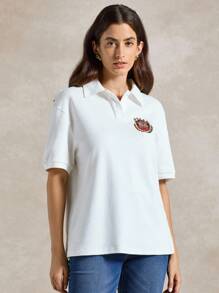 Briarwyn 女式字母刺绣短袖 Polo 领休闲上衣，秋季女装，返校季，复古风女式 POLO T 恤，图案 T 恤 - 白色 - 查看 5