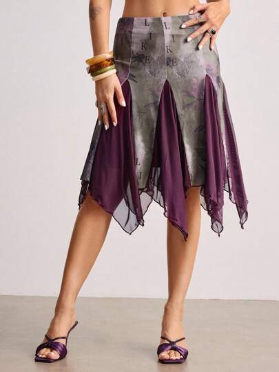 Grunge Punk Oriental Floral & Botanical Fiber Splatter Ink Vintage Paper Watercolor Effect Asymmetrical Print Women Skirt