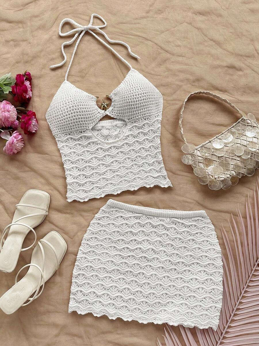 Soleia 性感细肩带金属海星镂空短款上衣和低腰半身裙两件套，适合度假、音乐节、波西米亚风、节日、约会、下午茶 - 米色 - 查看 1