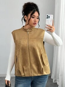 Elenzga Chaqueta sin mangas elegante de oficina/casual/vacaciones para mujer de talla grande, con cuello de cremallera metálica, botones dorados, hombros caídos, bajo plisado, forro, adecuada para primavera, otoño e invierno