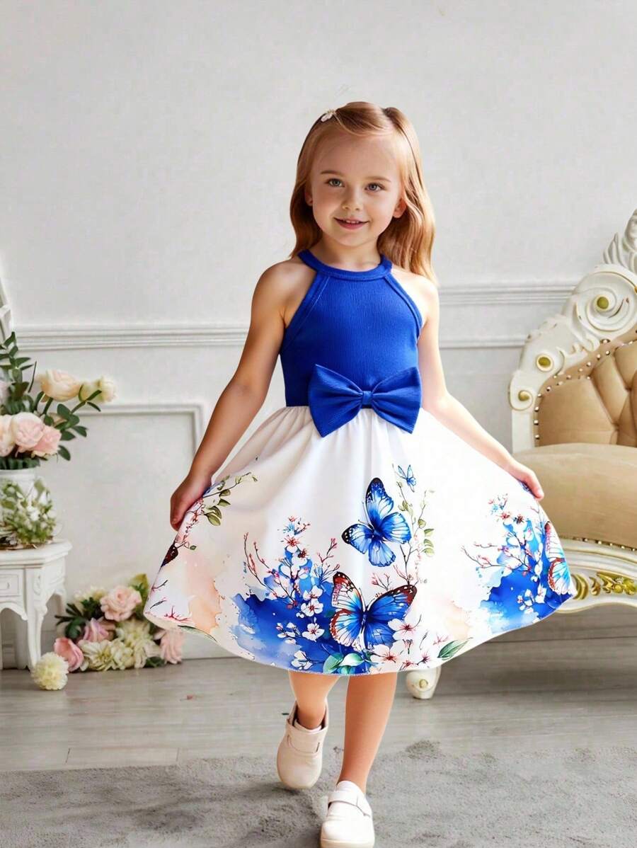 SHEIN Young Girl Floral Print Waist Bowknot Neck Casual Dress, Elegant Style Suitable For Travel, Holiday, Party, Summer Gift Summer Holiday