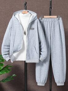 青少年男孩休闲纹理面料连帽运动服套装，适合休闲、上学和外出 - 灰色 - 查看 1