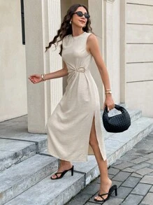 Serisse Váy midi không tay thắt nút xoắn màu trơn dành cho nữ - Màu be - Xem 5