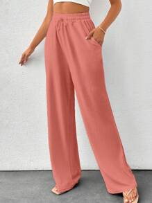 SHEIN Tall Sommer einfarbige beige Hose mit hoher Taille, Kordelzug und weitem Bein in Leinenoptik