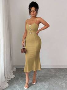 Elenzga Women's Elegant & Fashionable Solid Color Sleeveless Bodycon Dress With Metal Buckle Decor, Summer - Khaki - View 4