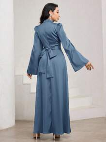 Veilorie Đầm Ả Rập thanh lịch cổ đứng tay phồng màu trơn cho nữ - Màu xanh lam - Xem 2