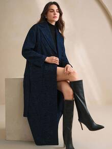 Anewsta Women's High-End Turndown Collar Pocket Lace Fabric Long Coat, Autumn/Winter