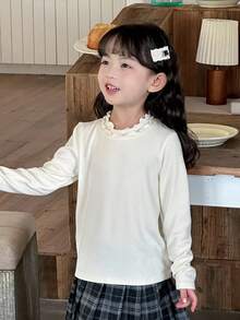 DAZY Camiseta básica de manga larga con cuello de volantes y unicolor para niñas - Albaricoque - Ver 3