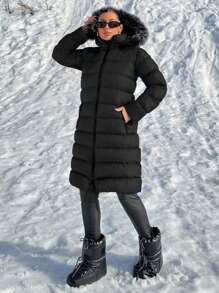 EURMUSE Faux Fur Lined Double Zipped Puffer Winter Coat - Black - View 3