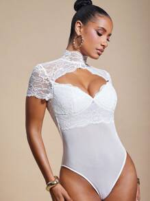 Hauture Spitzen-Mesh-Bodysuit mit Stehkragen und Schnürung hinten, gepolsterter Büste