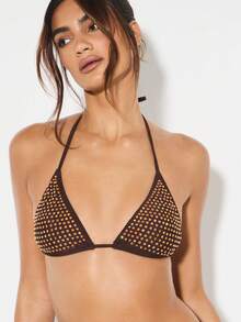 KIZN Metallic Gold Studded Triangle Bikini Set Summer Beach Halter Top String Bottom Two Piece Swimsuit Bathing Suit Resort Wear Holiday Beachwear - Brown - View 8